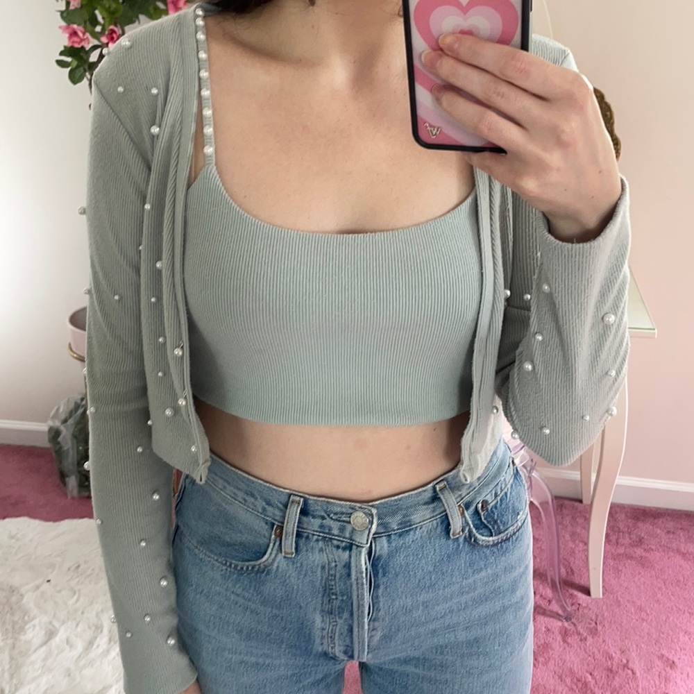 zara pearl embellished cardigan & tank set